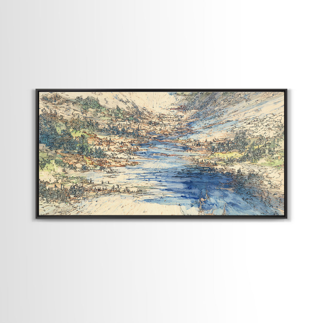 Blue Mountain Valley River And Villages Wall Art, African Landscape Art Print, Serene Nature Decor, Modern Canvas Home Gift