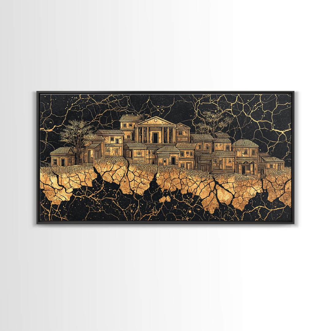 Golden Ancestral Palace On Cracked Stone, Luxury African Wall Art, Black Gold Architecture, Statement Living Room Decor Gift