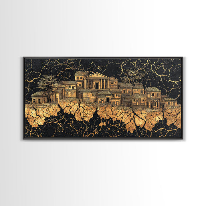 Golden Ancestral Palace On Cracked Stone, Luxury African Wall Art, Black Gold Architecture, Statement Living Room Decor Gift