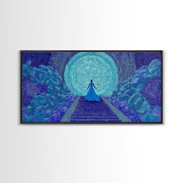 Blue Goddess Before Luminous Moon And Stone Stairway Framed Canvas Print, Mystical Wall Art, Spiritual Afrocentric Bedroom Decor Gift