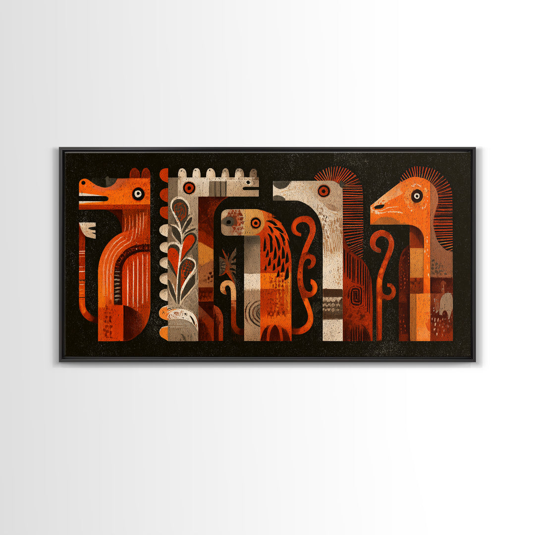 Orange Tribal Bird And Animal Figures Canvas Print, African Inspired Wall Art, Boho Geometric Safari Home Decor, Mid Century Gift