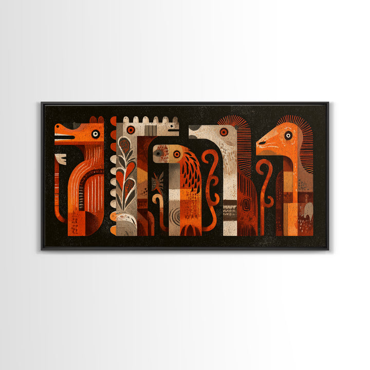 Orange Tribal Bird And Animal Figures Canvas Print, African Inspired Wall Art, Boho Geometric Safari Home Decor, Mid Century Gift