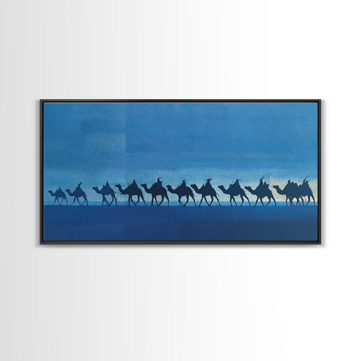 Blue Desert Camel Caravan Silhouette Wall Art, African Safari Print, Nomad Travel Decor, Modern Blue Landscape Poster Gift