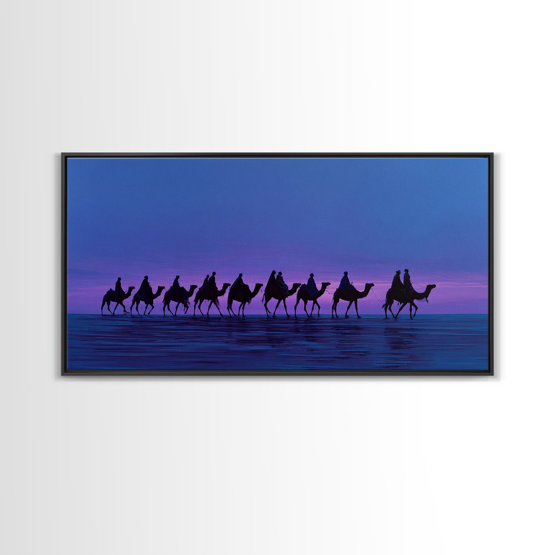 Purple Sunset Camel Caravan Canvas Print, African Safari Wall Art, Coastal Desert Silhouette Decor, Boho Travel Gift Idea