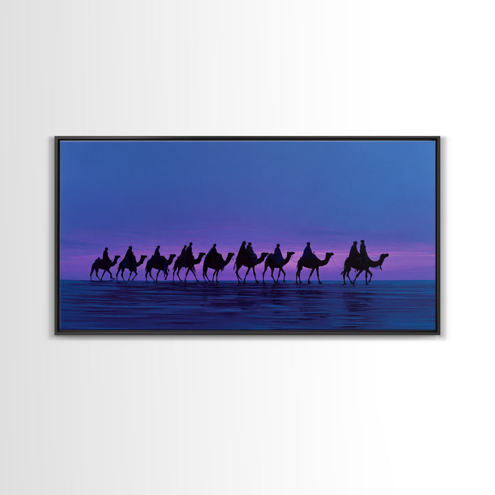 Purple Sunset Camel Caravan Canvas Print, African Safari Wall Art, Coastal Desert Silhouette Decor, Boho Travel Gift Idea