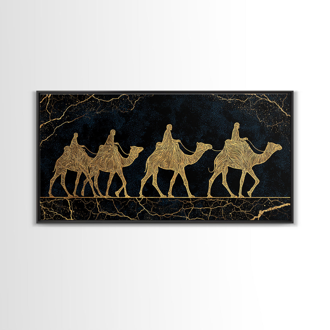 Gold Line Camel Caravan Wall Art, Black And Gold African Safari Print, Desert Nomad Decor, Luxury Canvas Style Gift For Her