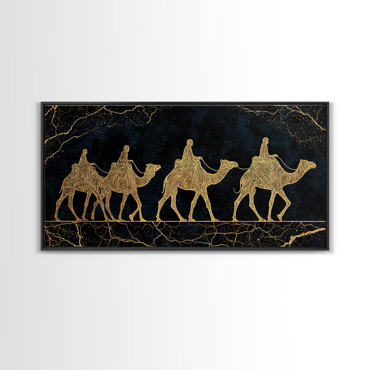 Gold Line Camel Caravan Wall Art, Black And Gold African Safari Print, Desert Nomad Decor, Luxury Canvas Style Gift For Her
