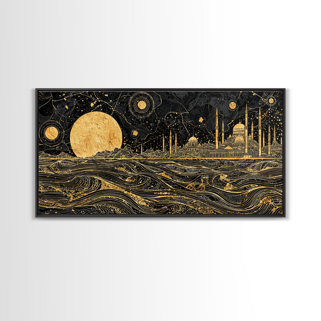 Gold Moon Mosque Skyline Canvas Print, Black And Gold Wall Art, Moroccan Travel Decor, Mystical Night Landscape Gift Idea