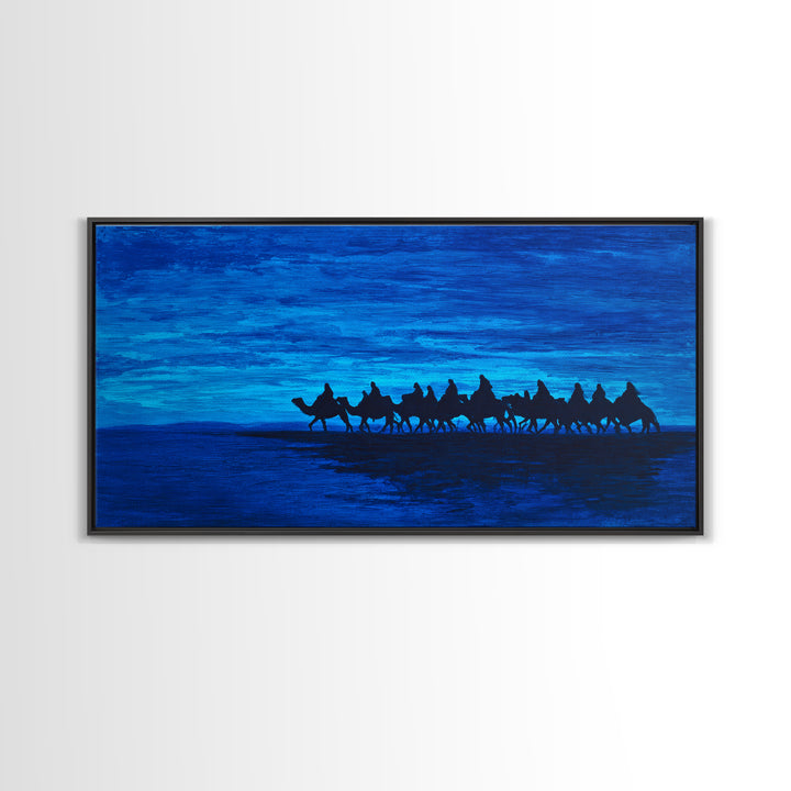 Deep Blue Camel Caravan Silhouette Wall Art, African Safari Poster, Desert Travel Decor, Modern Landscape Canvas Gift Idea