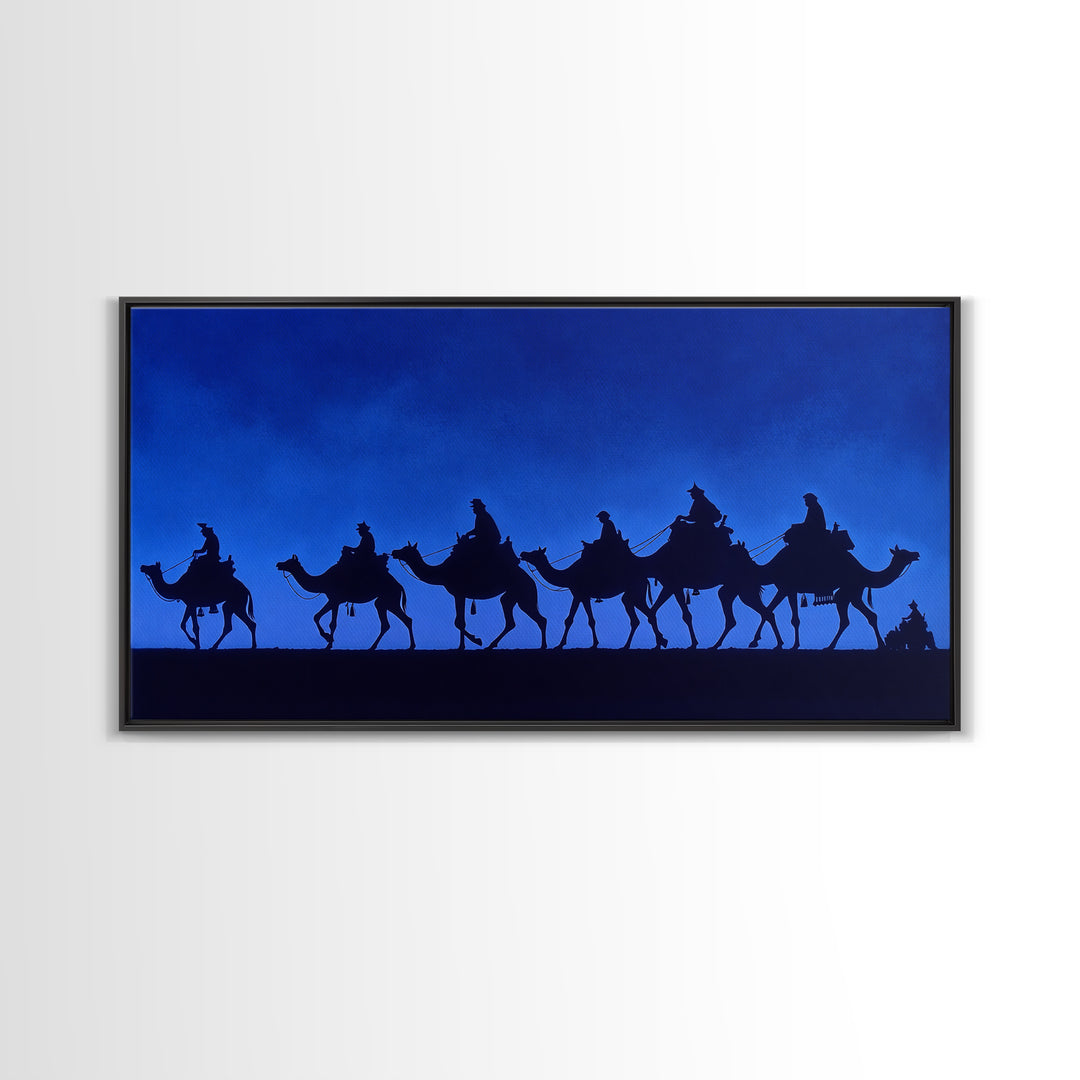 Cobalt Camel Caravan Silhouette Canvas Print, African Wall Art, Minimalist Desert Travel Decor, Blue Nomad Art Gift For Him