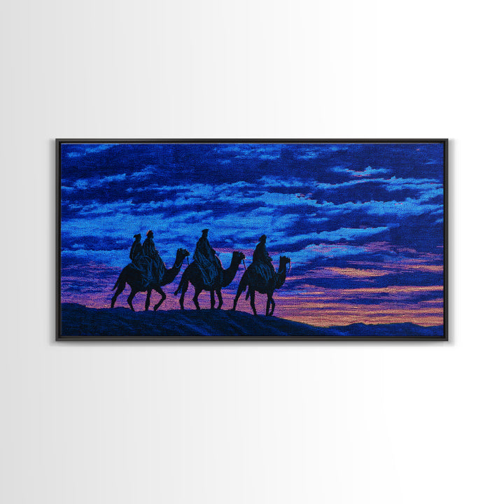 Textured Blue Sunset Camel Caravan Wall Art, African Safari Print, Purple Desert Silhouette Decor, Dreamy Travel Gift Idea