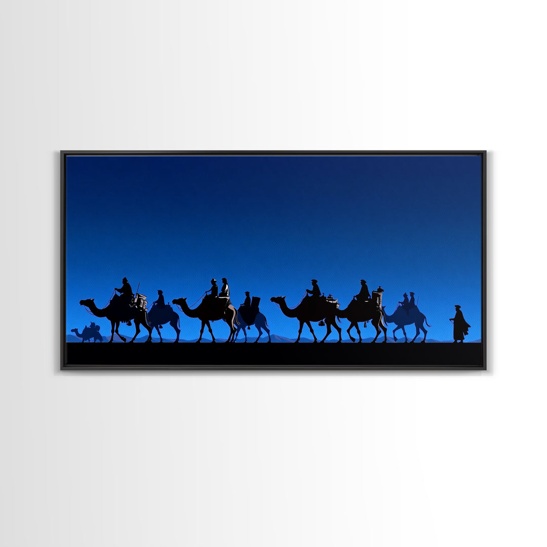 Bright Blue Camel Caravan Journey Silhouette Canvas Print, African Safari Wall Art, Desert Nomad Decor, Travel Gift For Him