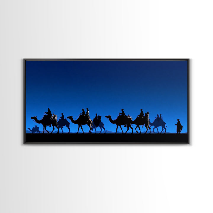 Bright Blue Camel Caravan Journey Silhouette Canvas Print, African Safari Wall Art, Desert Nomad Decor, Travel Gift For Him