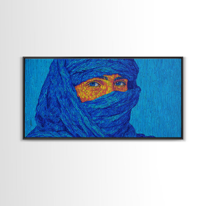 Blue Veiled African Woman Portrait Wall Art, Tuareg Inspired Afrocentric Decor, Bold Black Beauty Canvas For Living Room