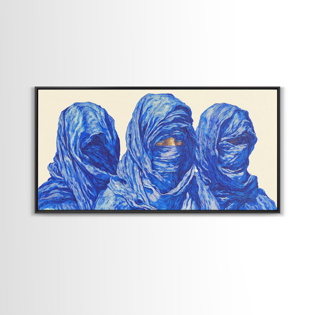 Three Blue Veiled Figures Wall Art, African Tribal Portrait Painting, Textured Tuareg Decor For Afrocentric Living Room Art