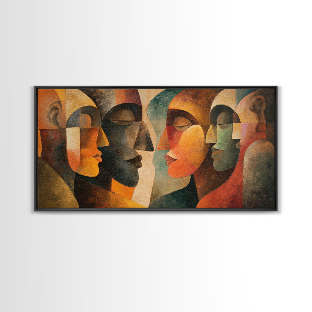 Abstract Cubist African Mask Faces Canvas Print, Earth Tone Tribal Wall Decor, Modern Ethnic Art For Home Gallery Decor Gift