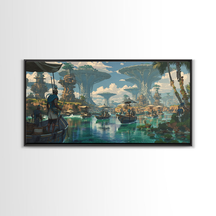 Afrofuturist African Waterfront City Wall Art, Sci Fi Landscape Canvas, Modern Black Art Decor For Living Room Statement Piece