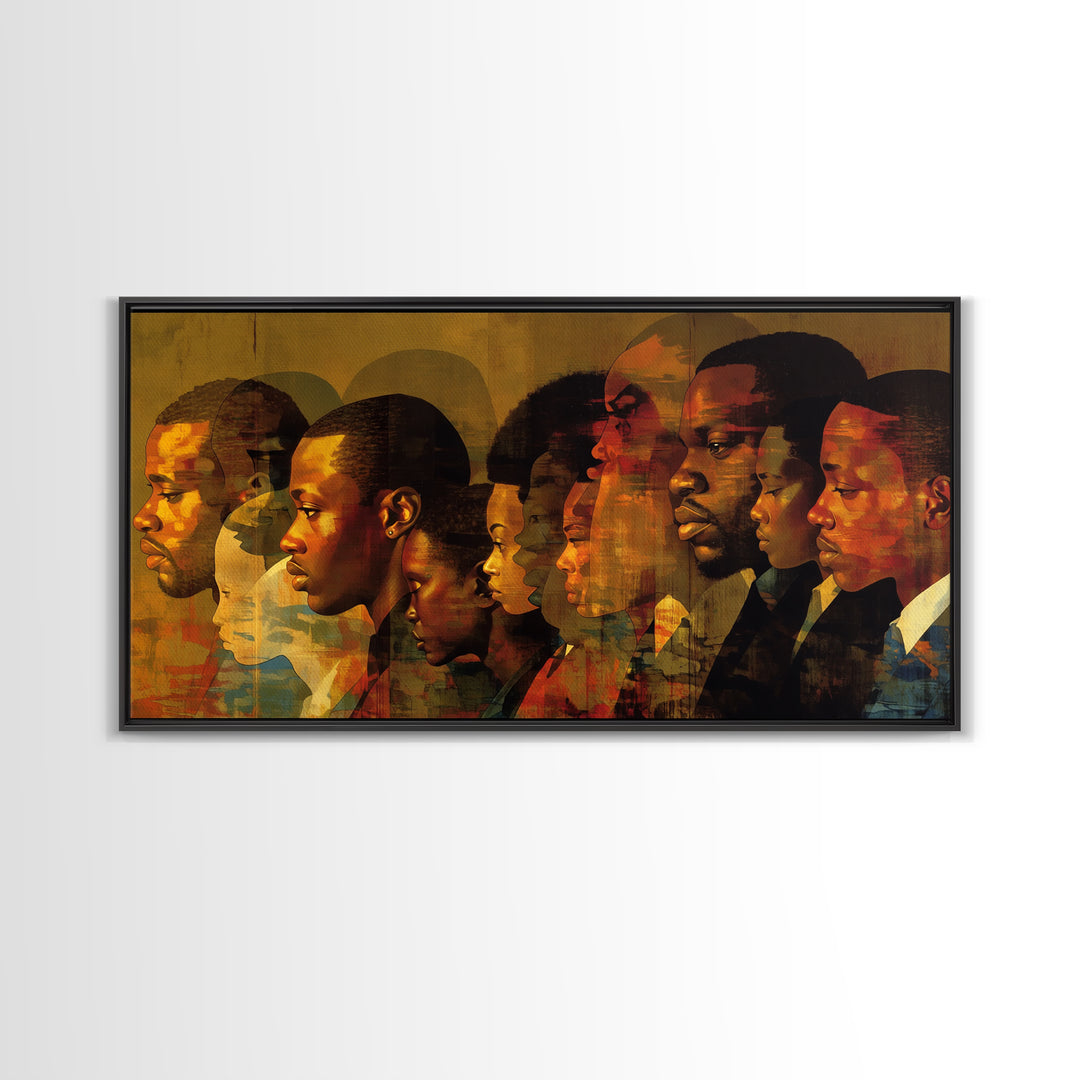 Layered Black African Profiles Framed Canvas Print, Abstract Portrait Wall Decor, Afrocentric Culture Art For Home Gallery Decor