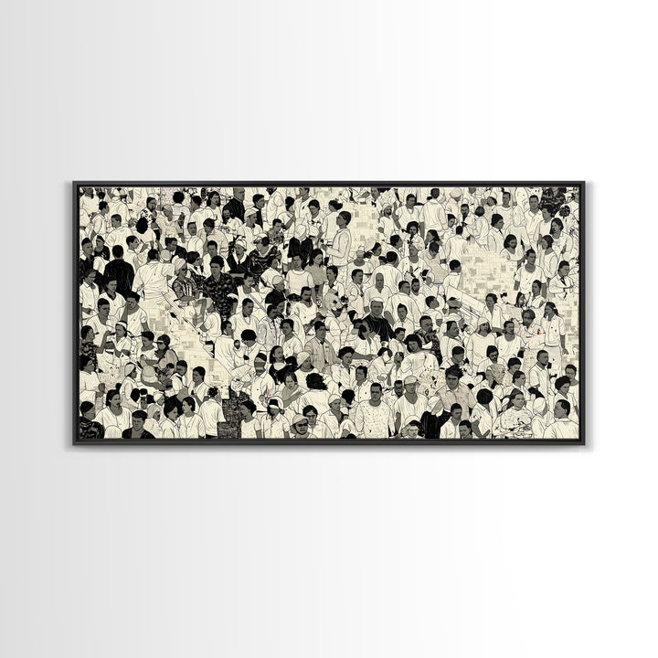 Monochrome African Crowd Scene Wall Art, Afrocentric Black Culture Print, Diaspora People Decor, Modern Gallery Canvas Gift