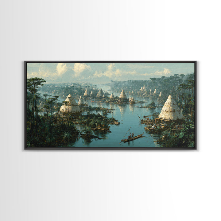Misty African Wetland Village Wall Art, Thatched Hut Canoe Landscape Print, Authentic Cultural Safari Home Decor Canvas Gift