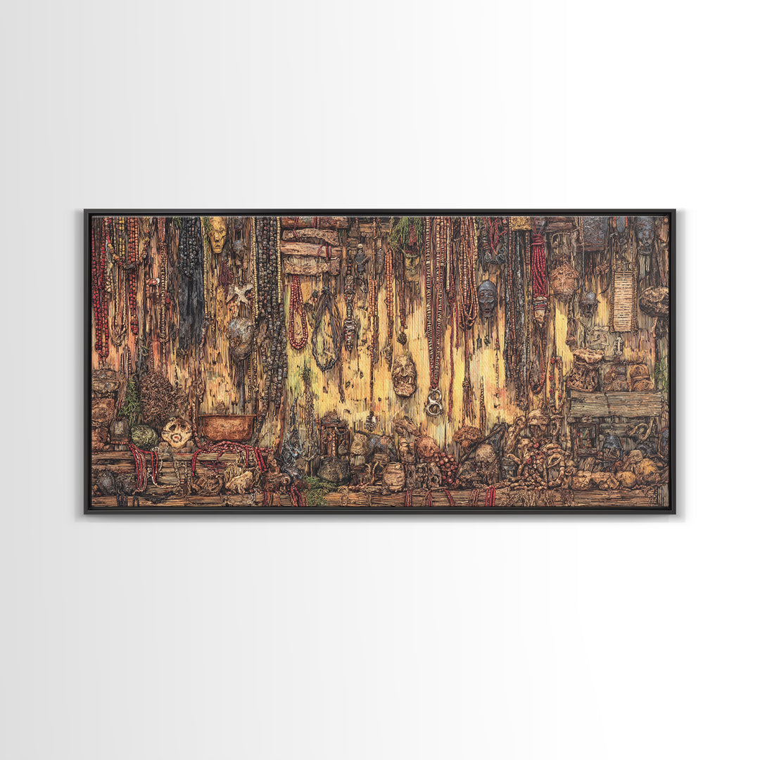 Rustic African Market Interior Canvas Print, Tribal Jewelry And Textile Wall Decor, Warm Boho Cultural Living Room Art Gift
