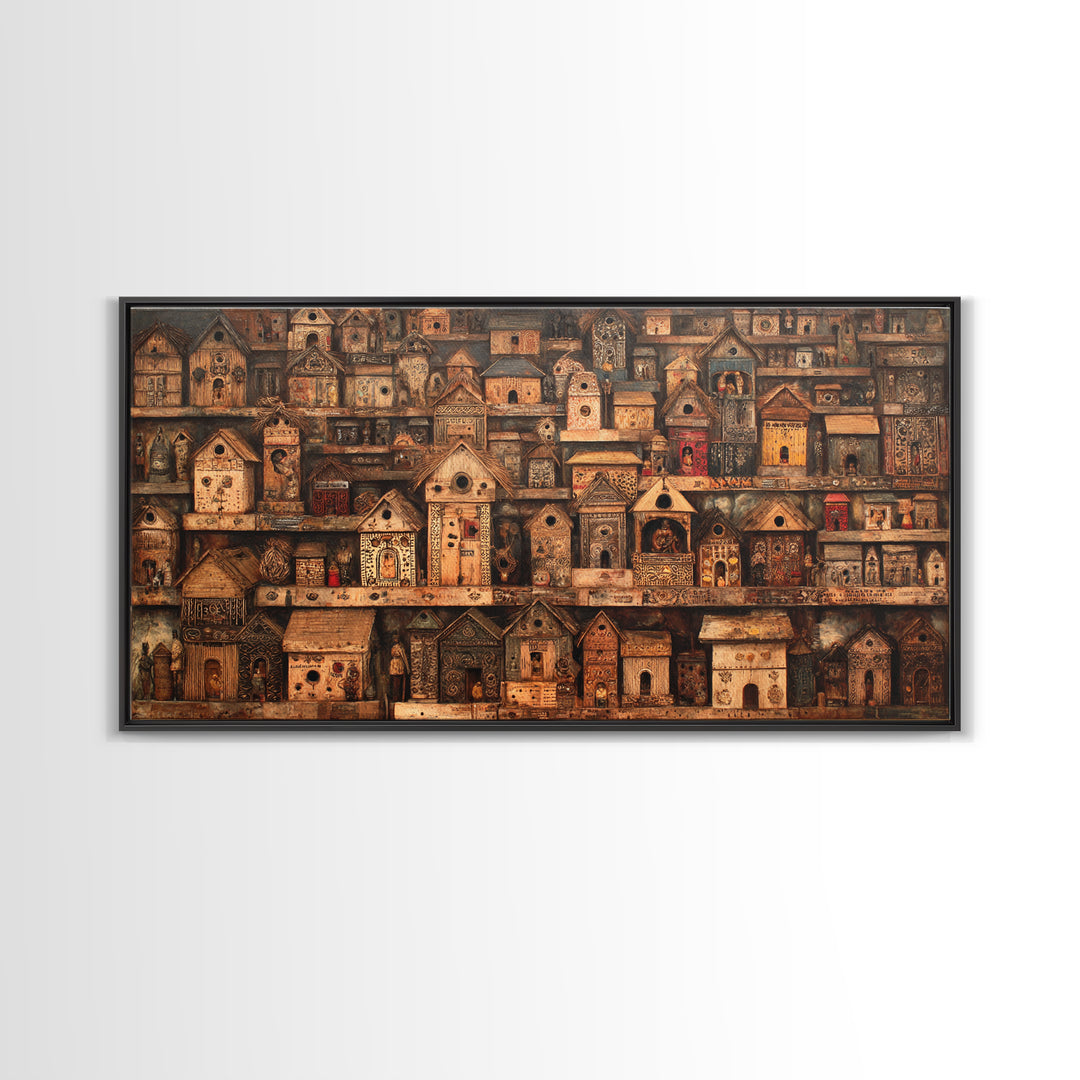 Rustic African Village Birdhouse Houses Wall Art, Tribal Architecture Canvas, Earth Tone Cultural Home Decor Gift For Living Room