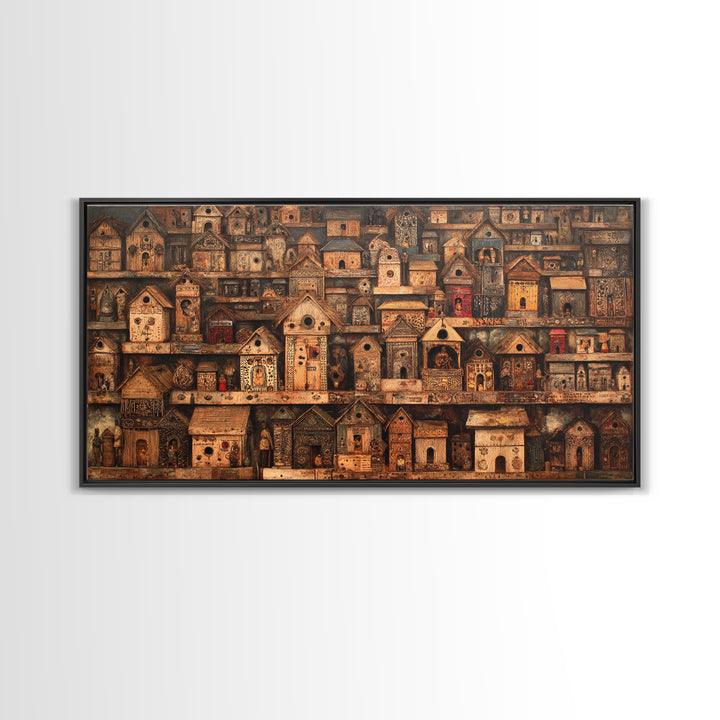 Rustic African Village Birdhouse Houses Wall Art, Tribal Architecture Canvas, Earth Tone Cultural Home Decor Gift For Living Room