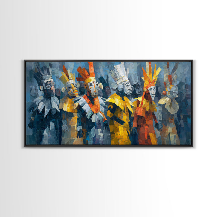 Cubist African Masked Warriors Canvas Print, Ceremonial Tribal Queen Wall Decor, Modern African Art For Bold Home Decor Gift