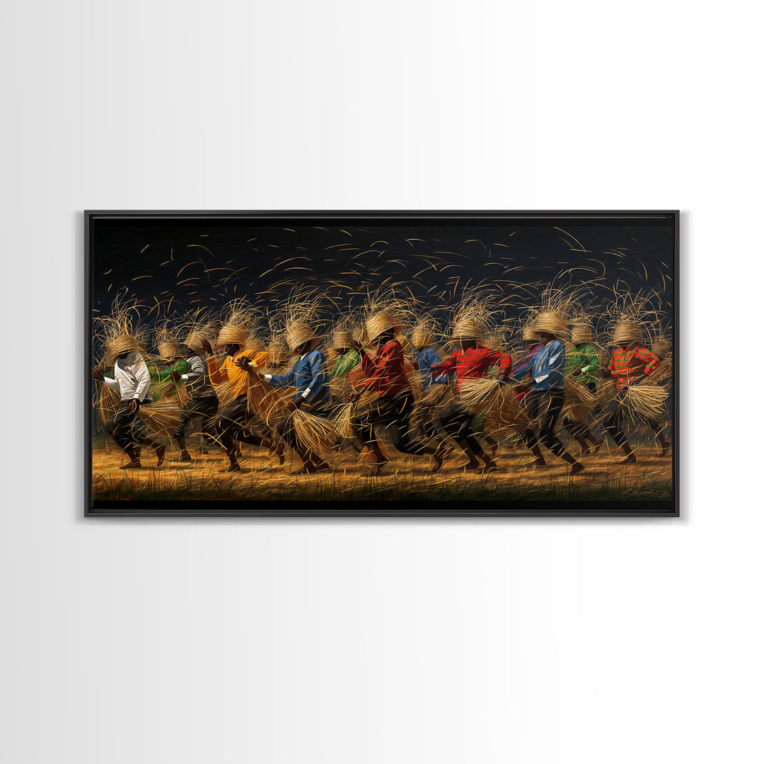 Dynamic African Dancers With Golden Straw Canvas Print, Motion Filled Tribal Wall Decor, Black Gold Cultural Art Gift For Home
