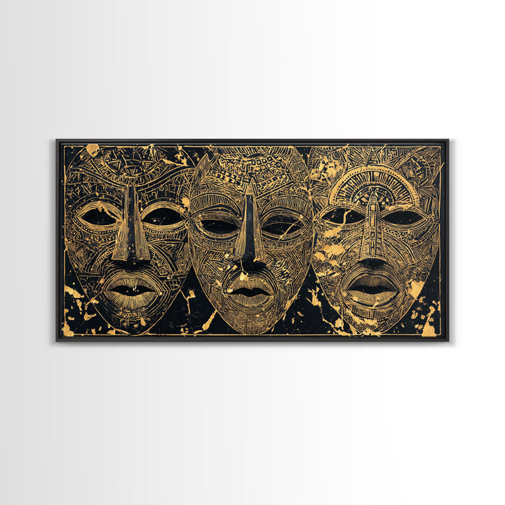 Golden African Tribal Masks Canvas Print, Abstract Mask Art, Afrocentric Wall Decor, Black And Gold Cultural Home Decor Gift