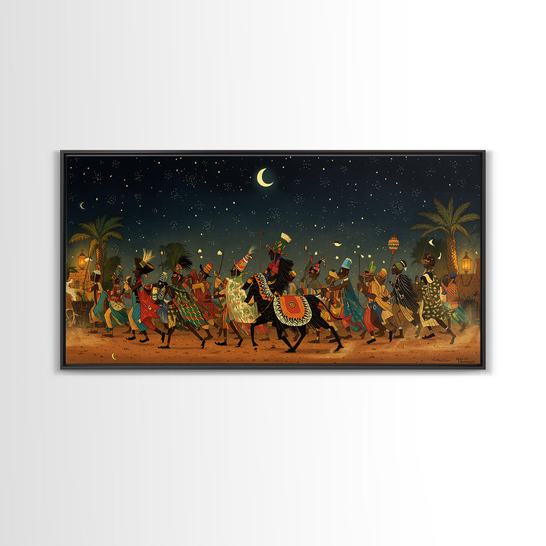 Moonlit African Camel Procession Wall Art, Desert Festival Painting, African Safari Art, Cultural Decor For Living Room Gift