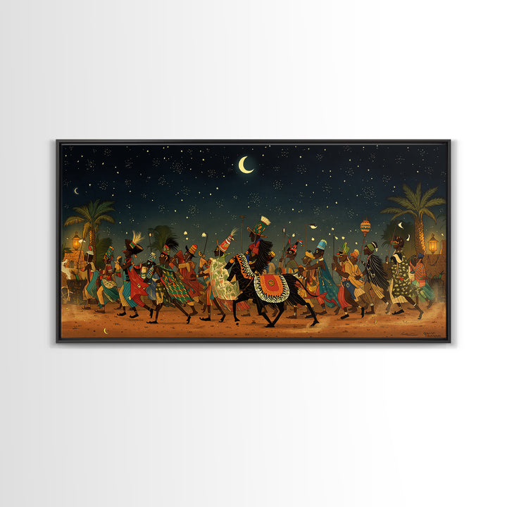 Moonlit African Camel Procession Wall Art, Desert Festival Painting, African Safari Art, Cultural Decor For Living Room Gift