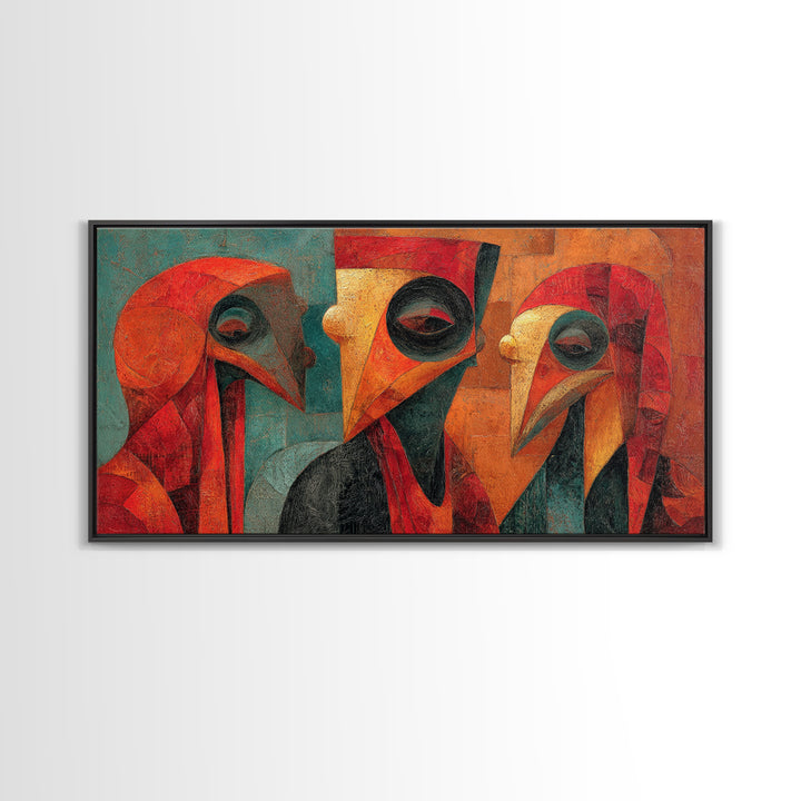 Cubist African Bird Mask Trio Wall Art, Abstract African Art, Modern Tribal Portrait, Burnt Orange Decor Canvas Print Gift