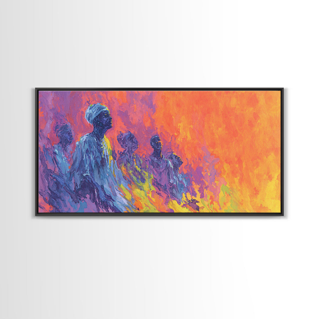 Blue Ancestral Figures By Fire Wall Art, Abstract African Art, Spiritual Cultural Painting, Orange And Purple Decor Gift