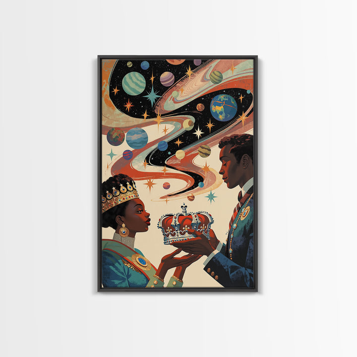 Afrofuturist Royal Couple Wall Art, Cosmic African Queen And King Canvas Print, Black Love Decor, Planets Crown Home Gift