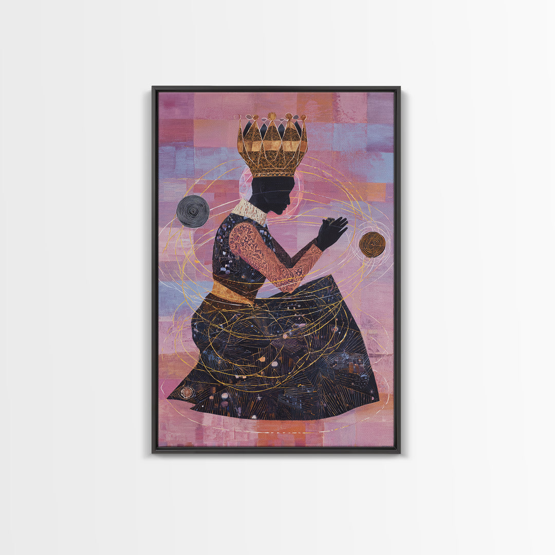 Seated African Queen Silhouette Canvas Print, Pink Cosmic Wall Art, Black Woman Art Home Decor, Feminine Afrocentric Gift