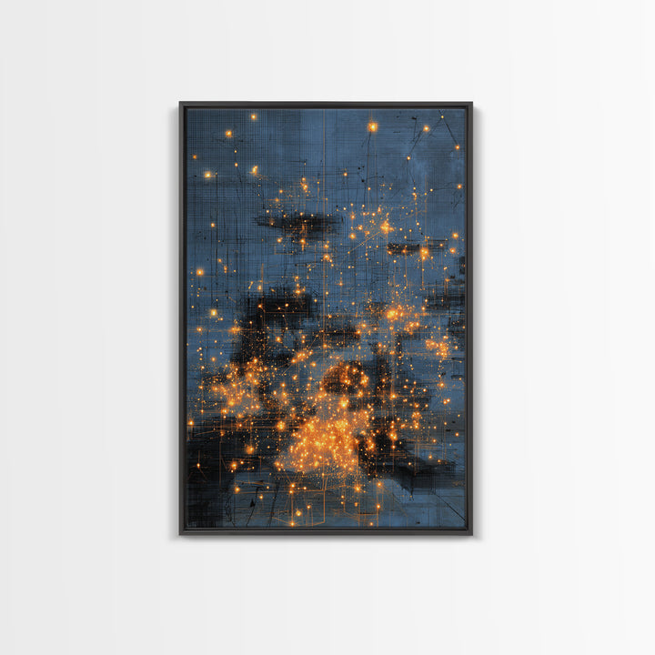 Blue Abstract City Lights Wall Art, Gold Spark Modern Canvas Print, Urban Office Decor, Dreamy Digital Art Luxury Home Gift