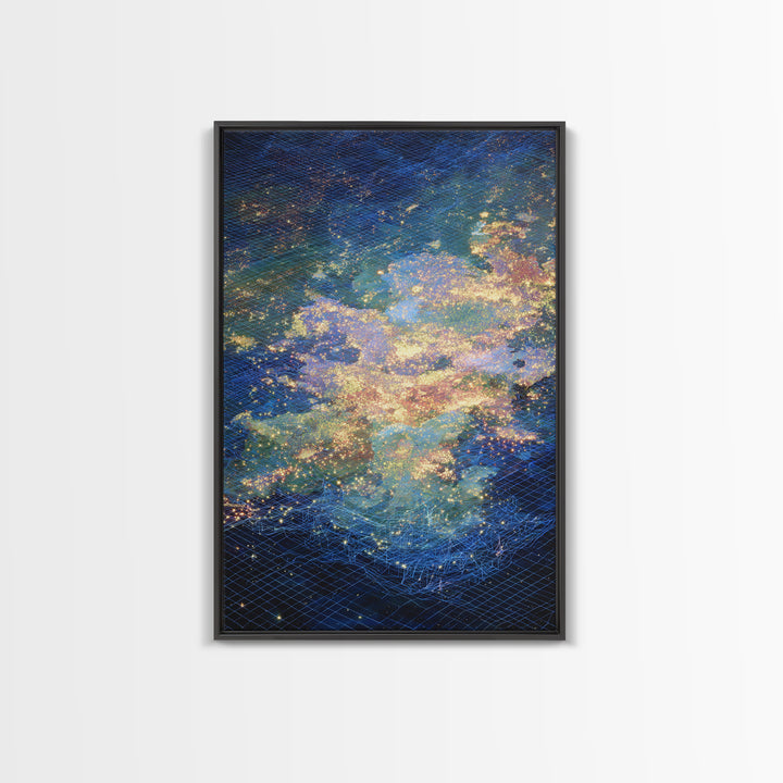 Celestial Ocean Abstract Wall Art, Blue Gold Starry Canvas Print, Dreamy Nature Scene Art, Modern Luxury Home Decor Gift