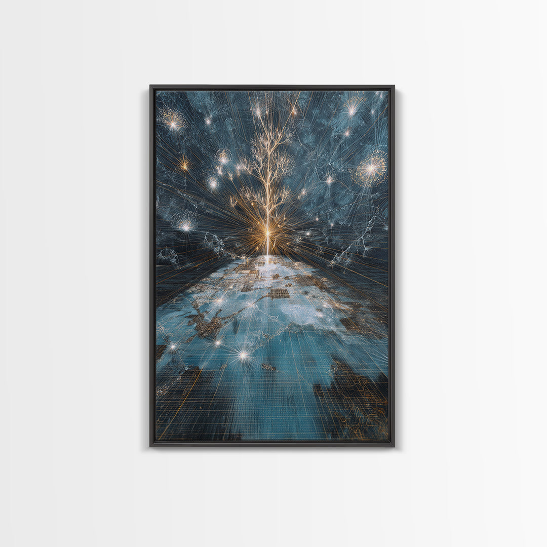 Glowing White Tree Canvas Print, Blue Celestial Wall Art, Spiritual Nature Scene Art, Modern Office Decor, Unique Home Gift