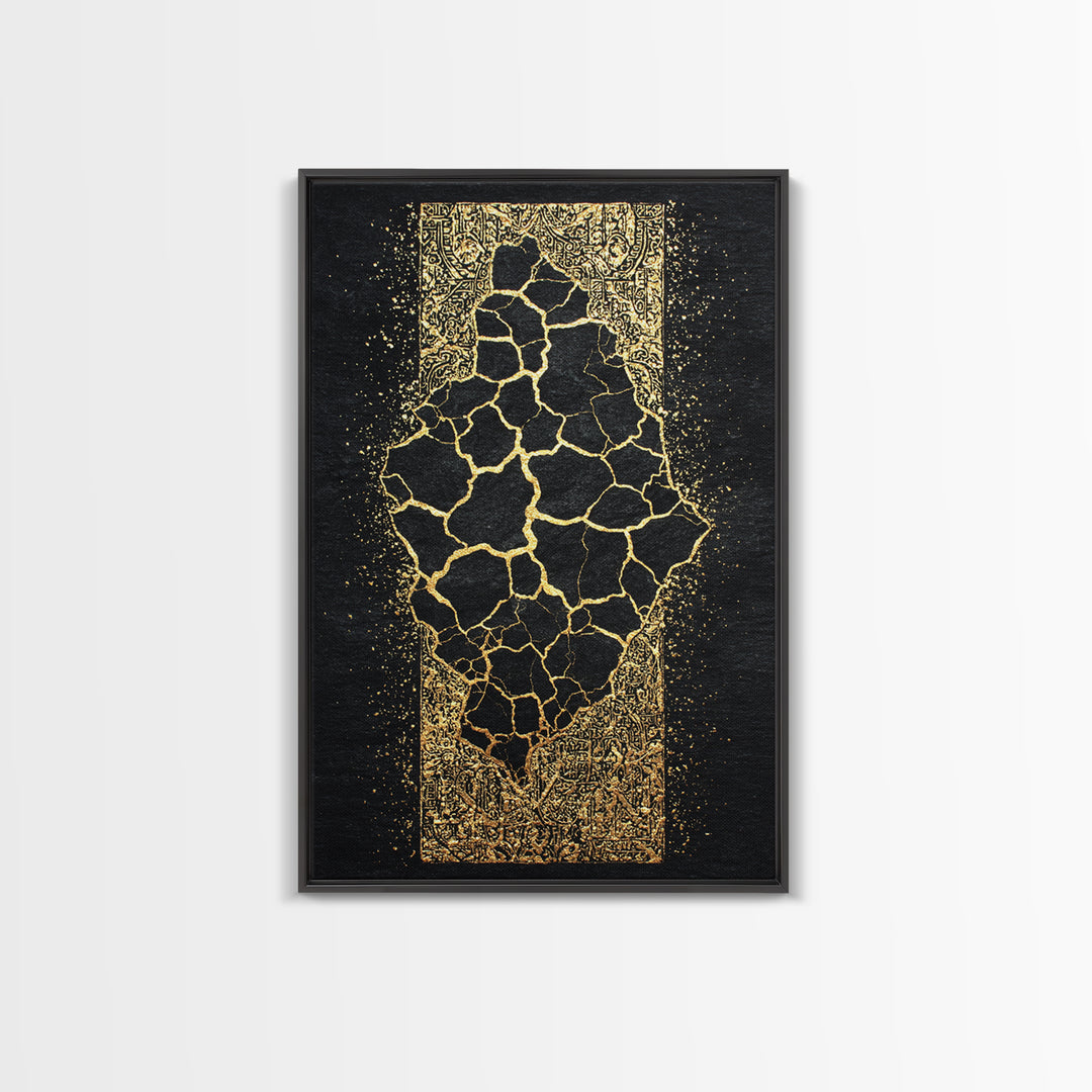 Cracked Gold African Map On Black Canvas Print, Abstract African Art, Black And Gold Art, Cultural Wall Decor Gift For Home