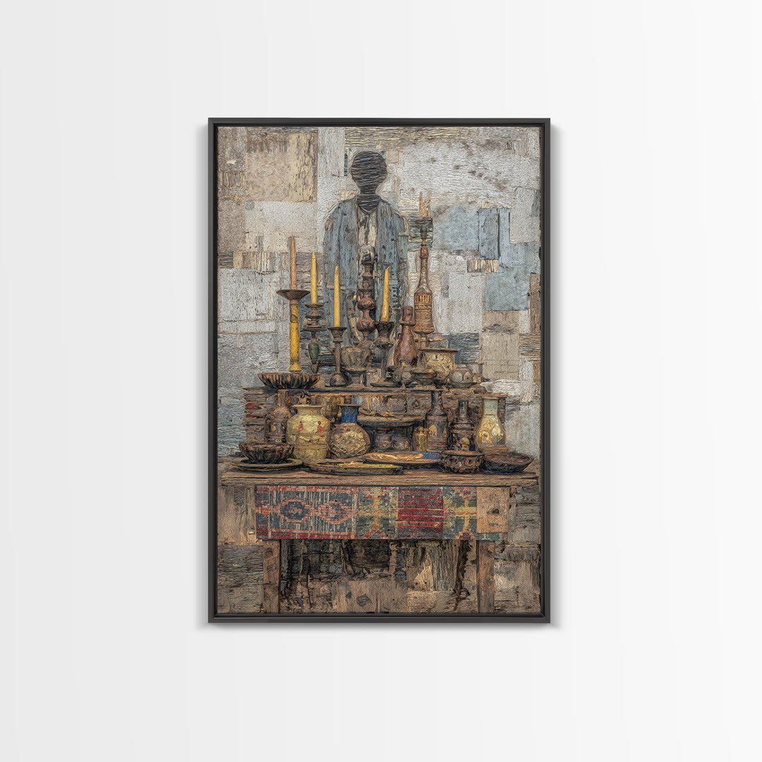 Textured Ancestral Altar With Candles Framed Canvas Print, African Art Decor, Spiritual Wall Art, Ethnic Home Decor Gift