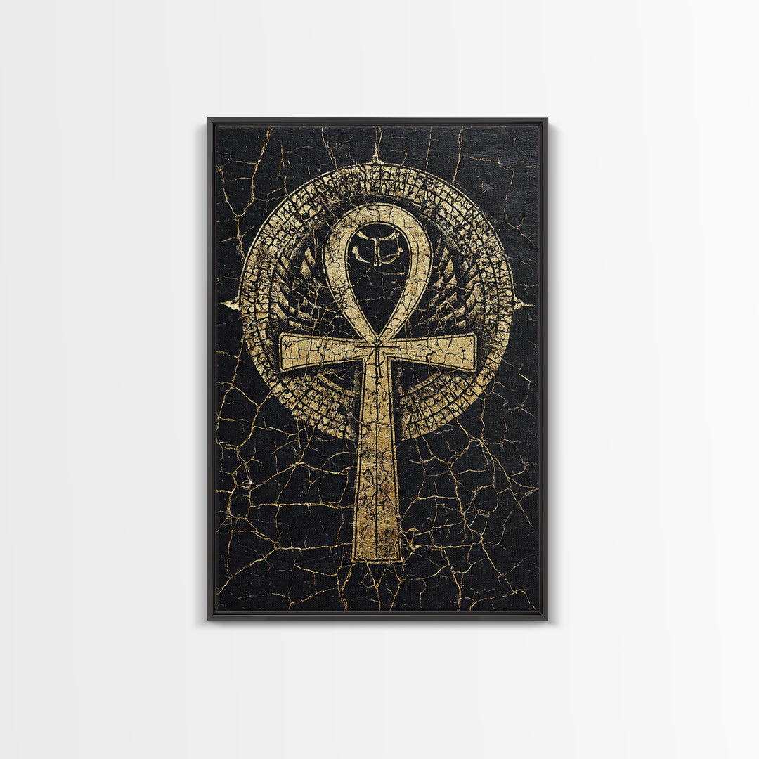 Gold Ankh Symbol On Cracked Black Framed Canvas Print, African Egyptian Art, Spiritual Wall Art, Black And Gold Design Gift