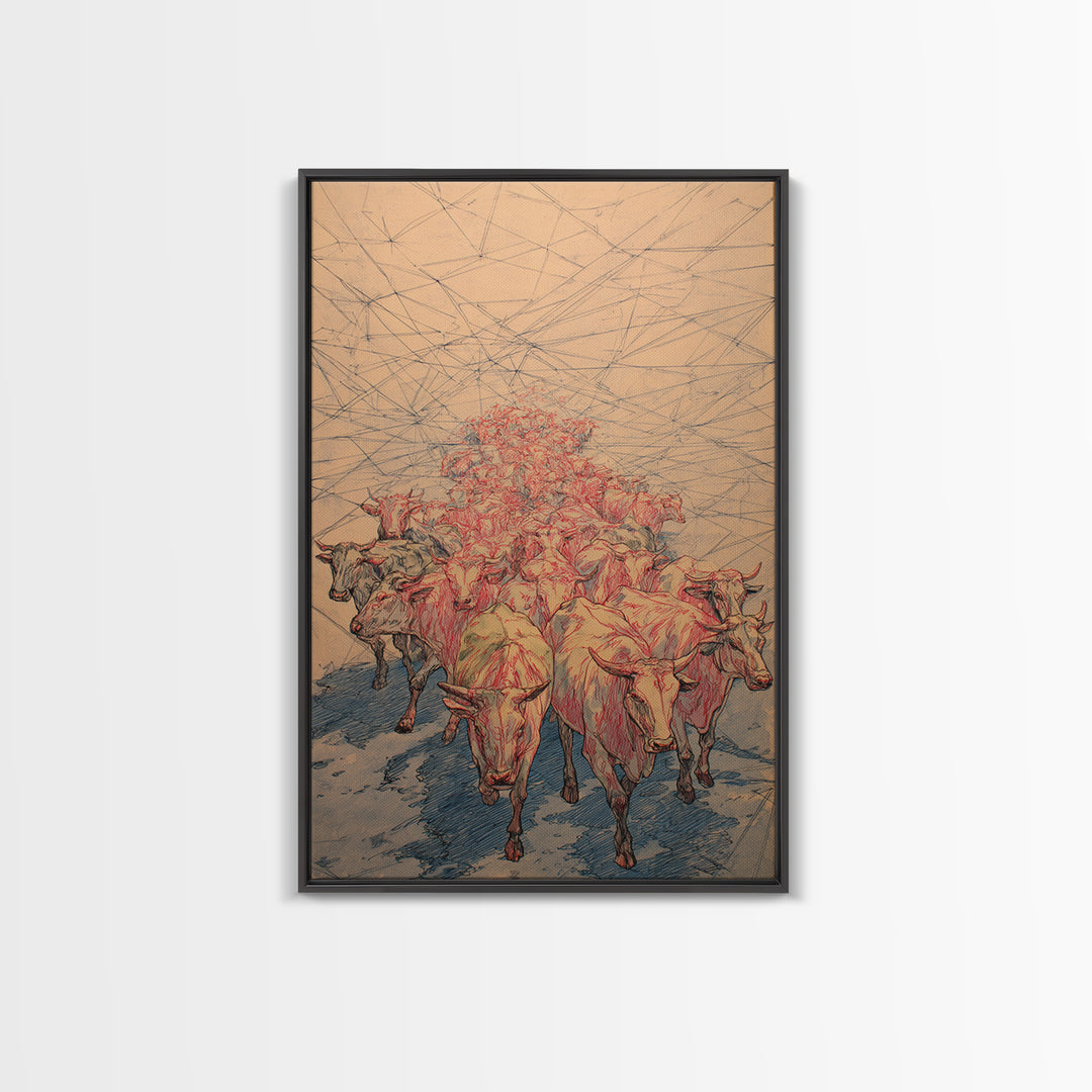 Red Line Cattle Herd Migration Canvas Print, African Animal Art, Rustic Farmhouse Decor, Cultural Wall Art Gift For Living Room