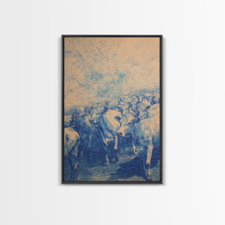 Blue Cattle Herd Network Sketch Wall Art, African Animal Art, Safari Art, Rustic Home Decor, Unique Canvas Gift For Office Decor