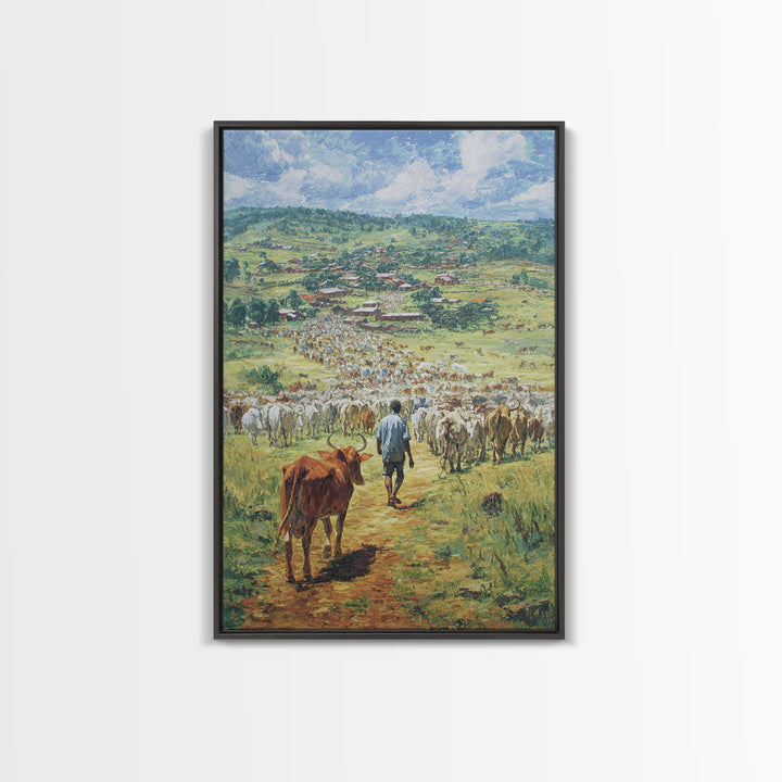 Pastoral Cattle Drive To Village Landscape Wall Art, African Landscape, Safari Decor, Farmhouse Home Decor Gift For Living Room