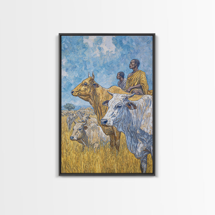 Pastoral African Cattle Herders In Golden Grass Wall Art, Afrocentric Safari Decor, African Landscape Print, Cultural Home Decor