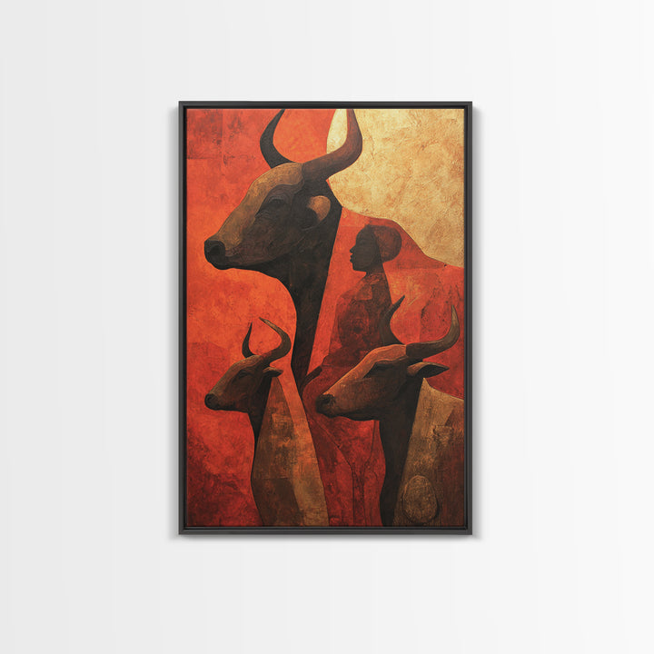 Ochre African Woman With Longhorn Cattle Canvas Print, Tribal Wall Decor, Modern African Art, Burnt Orange Safari Home Decor