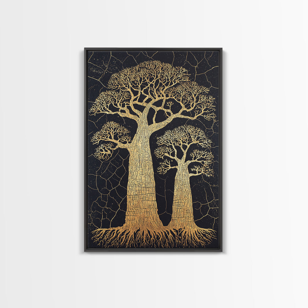 Golden Baobab Trees On Black Cracked Ground Wall Art, African Landscape Print, Botanical Safari Decor, Earth Tone Home Decor