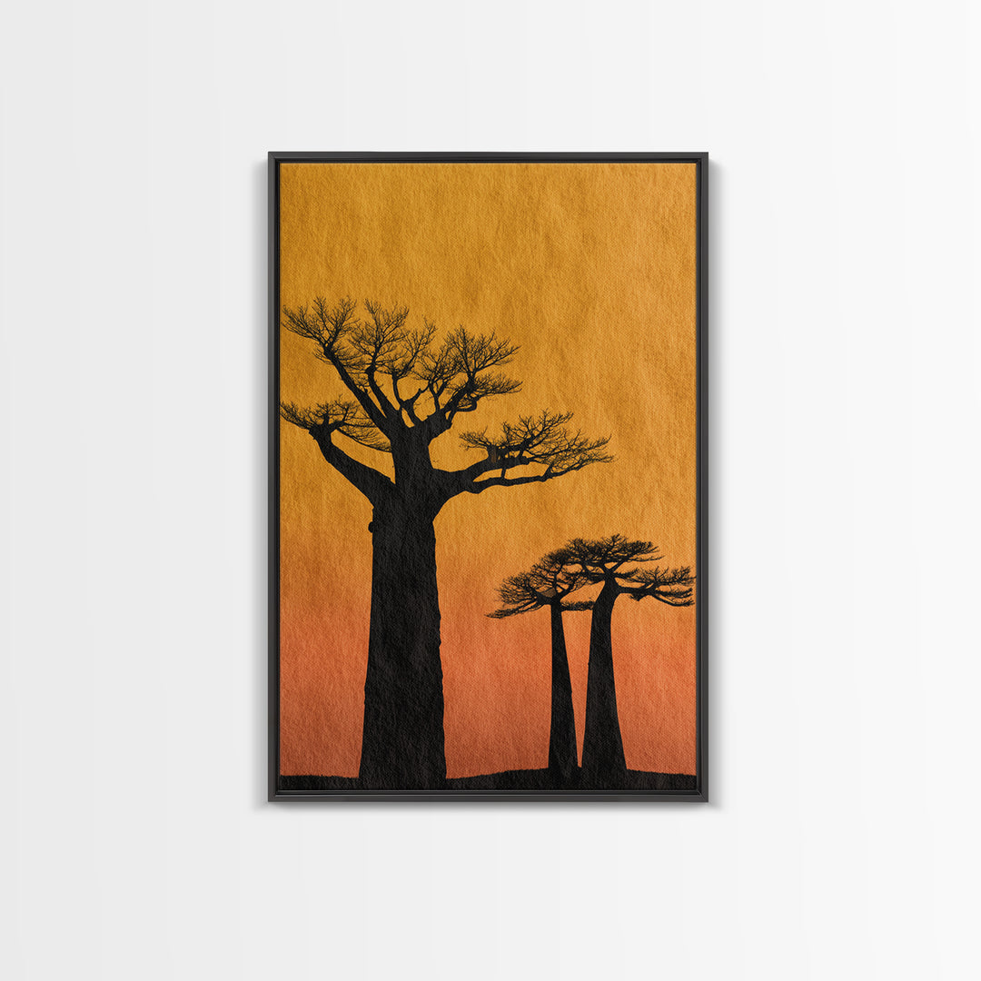 Black Baobab Silhouettes At Orange Sunset Canvas Print, African Tree Wall Decor, Minimalist Safari Art, Warm Boho Home Decor