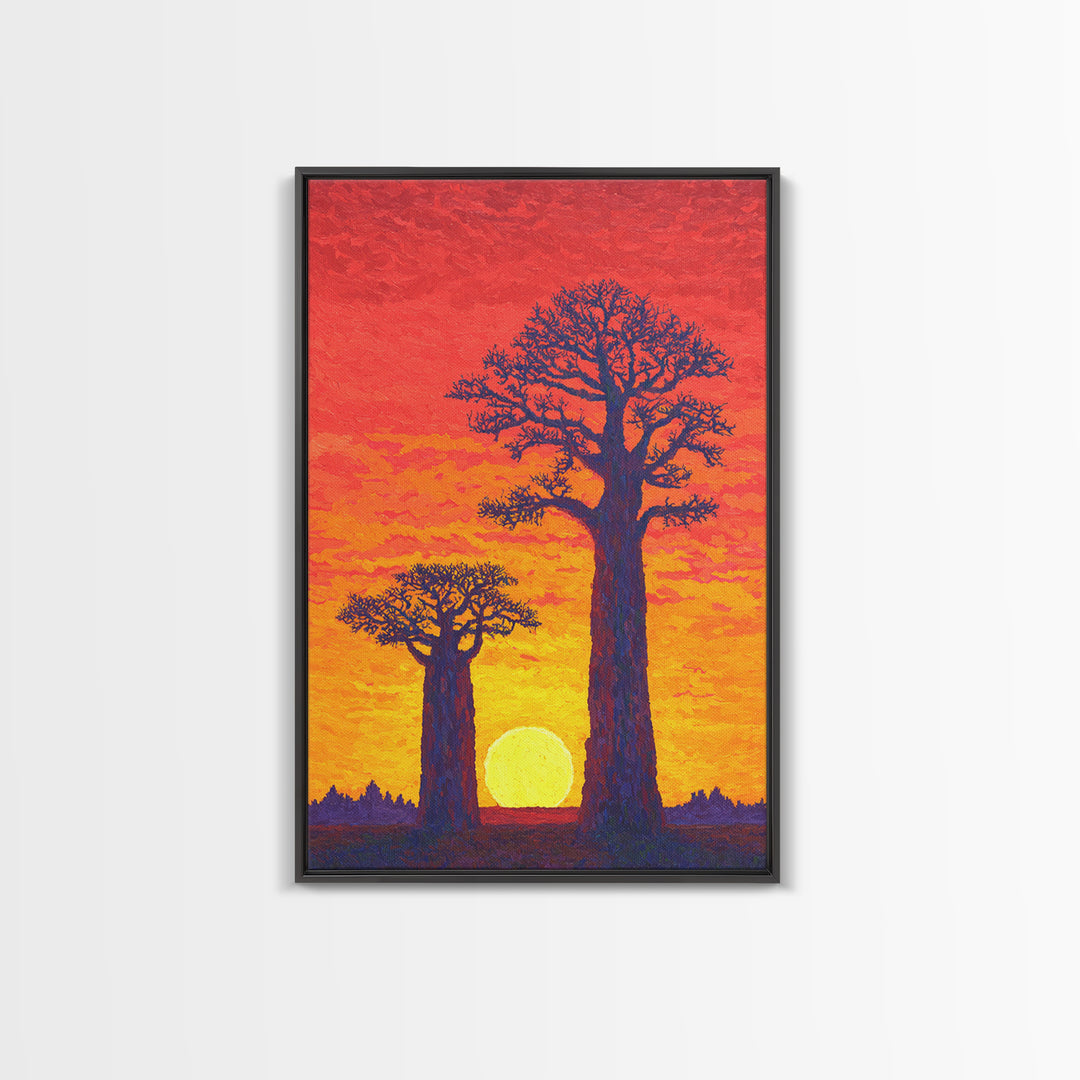 Vivid Baobab Sunset With Glowing Sun Wall Art, African Landscape Print, Colorful Safari Decor, Large Living Room Canvas Print